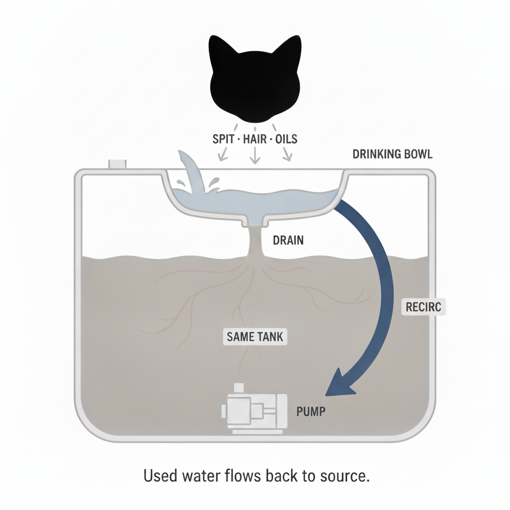 Cross-section diagram of a one-chamber cat fountain. Used water from the bowl drains back to the tank with the pump, mixing with the source water.