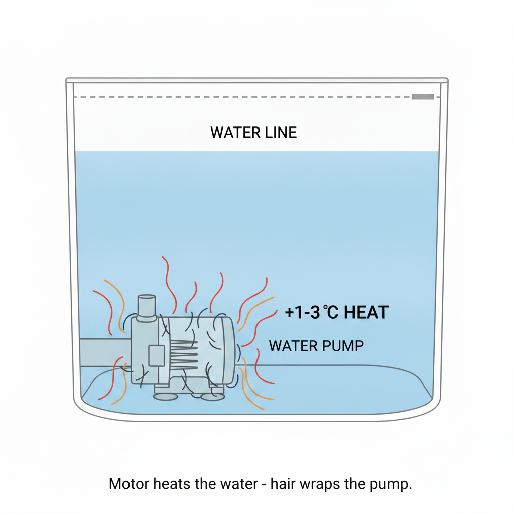 Cross-section showing a pump submerged in the cat fountain water. Heat radiates outward into the drinking water and hair wraps the pump.