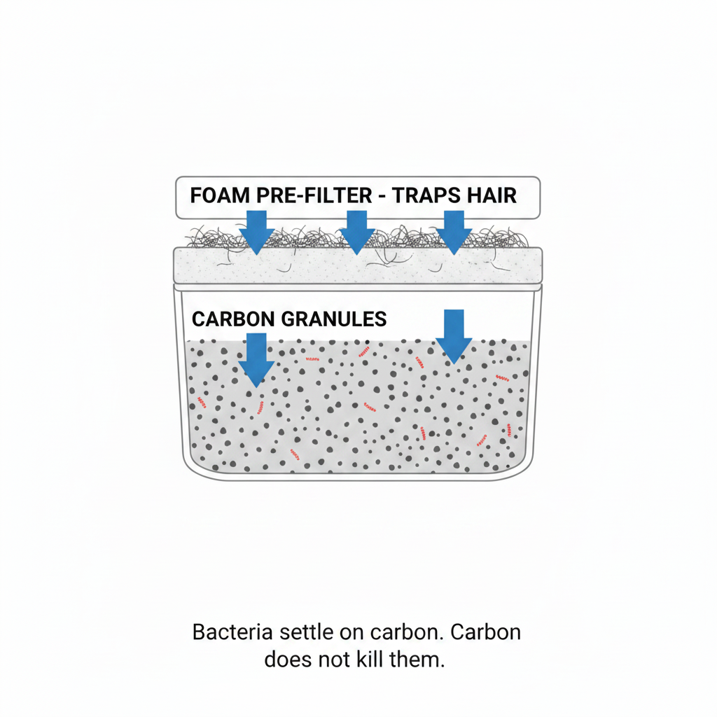 Cross-section of a carbon filter cartridge showing bacteria settling on the carbon granules and hair trapped in the foam pre-filter.