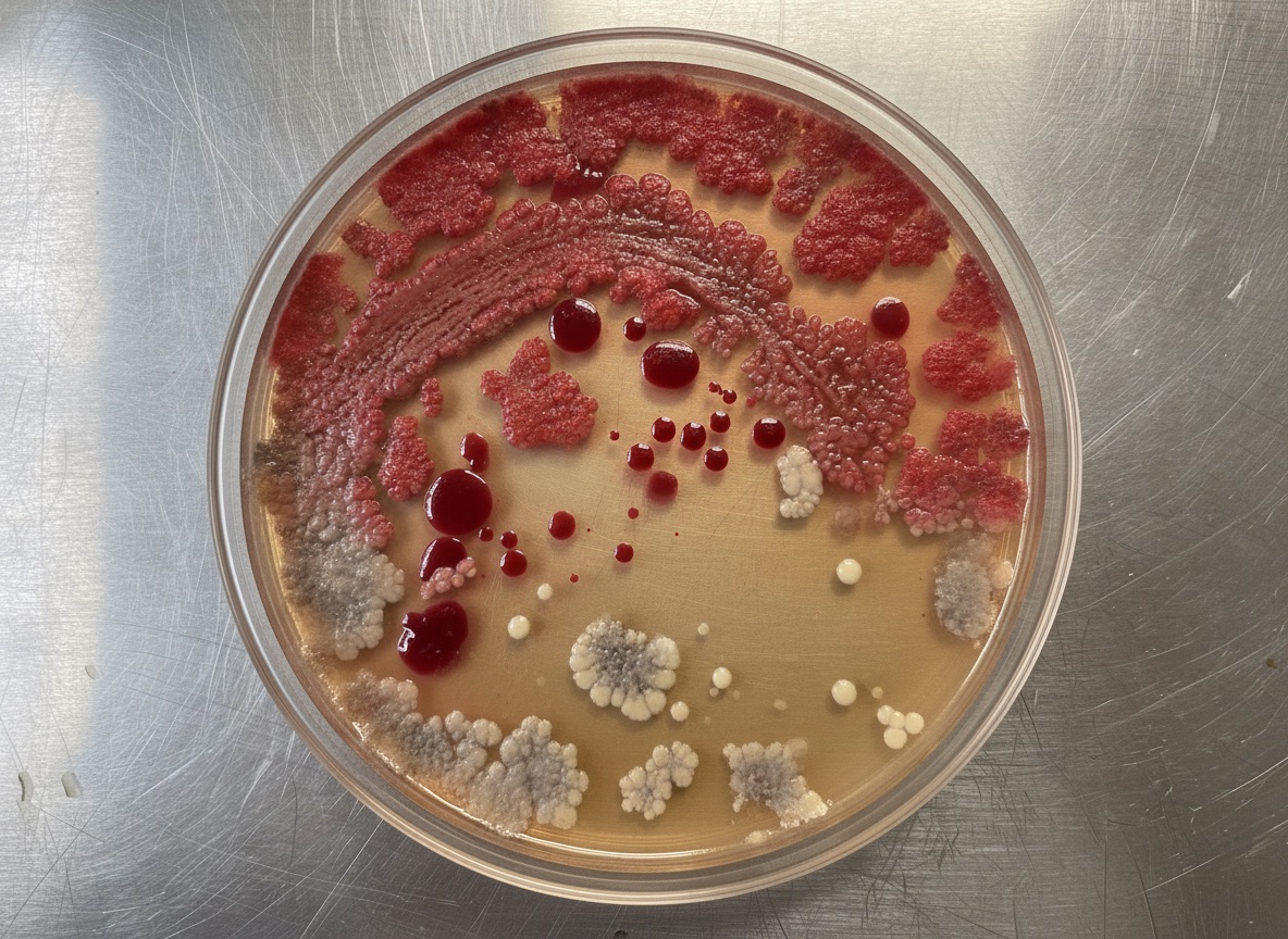 Culture plate swabbed from inside the 'smart' app fountain at 48 hours: heavy bacterial colonies across the plate.