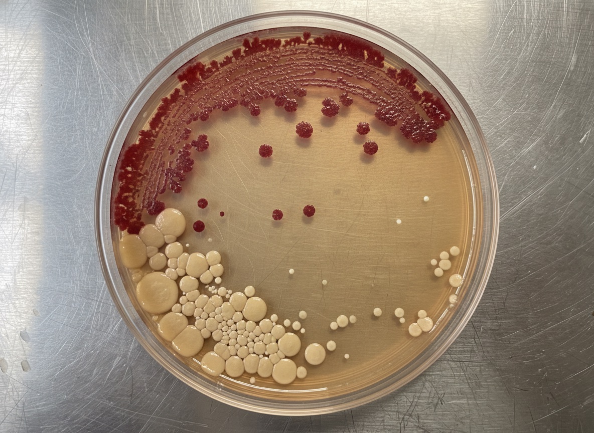 Culture plate swabbed from inside the premium capsule fountain at 48 hours: moderate-to-heavy bacterial colonies.