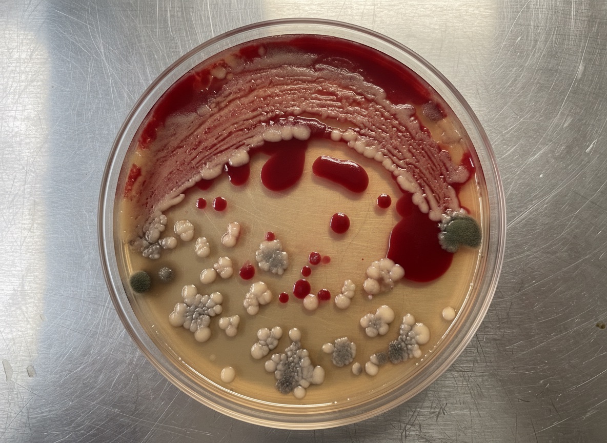 Culture plate swabbed from inside the free-falling spout fountain at 48 hours: heavy bacterial colonies, many of them deep red.