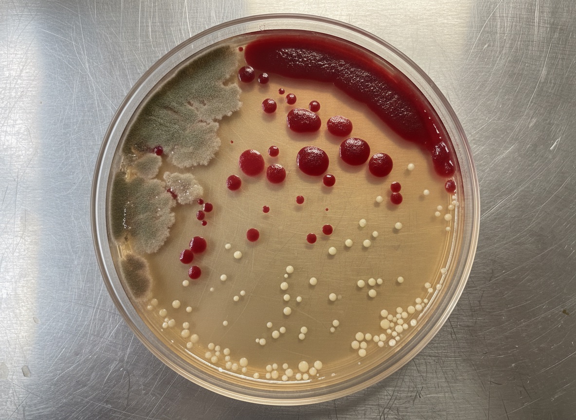 Culture plate swabbed from inside the 'all-stainless-steel' fountain at 48 hours: heavy bacterial colonies, including deep-red Serratia ones.