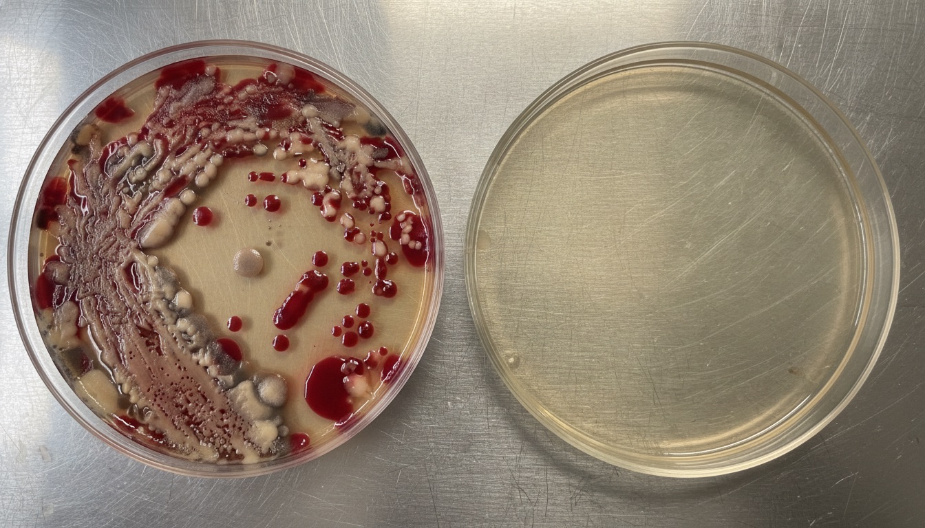 Side-by-side comparison: the worst rival's culture plate (left), overrun with colonies, vs HydroPurr's plate (right), clean, from the same swab method after 48 hours.