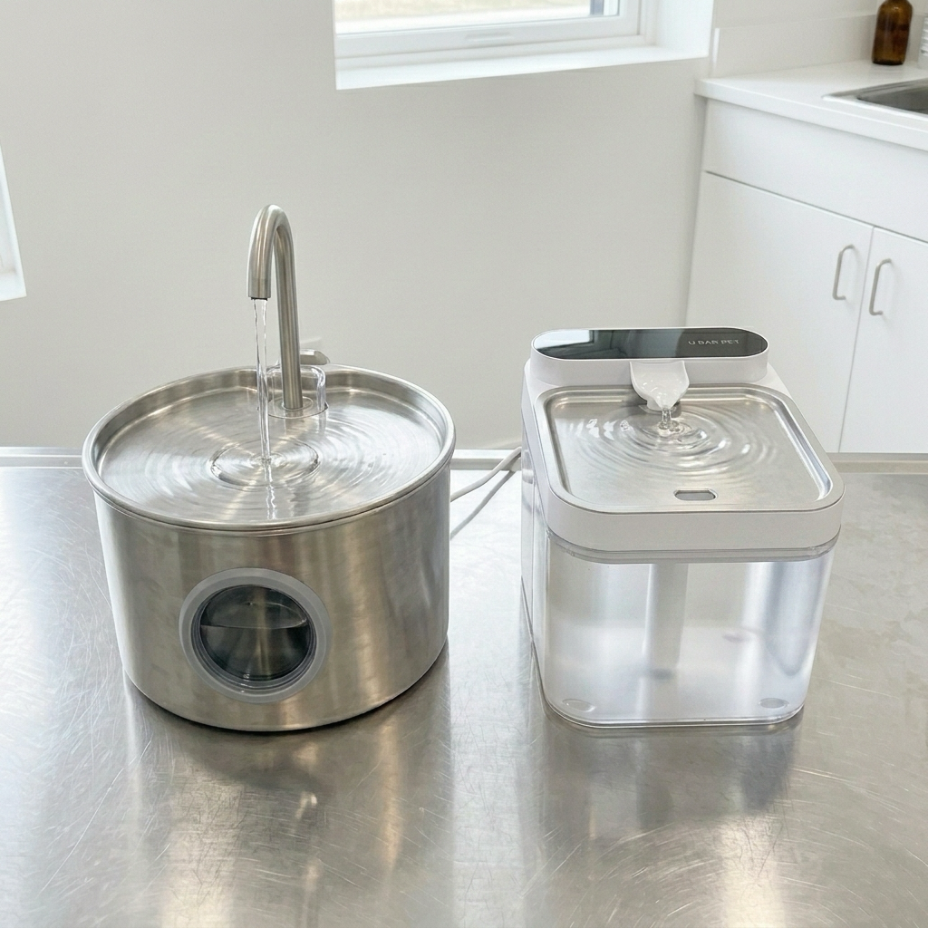 Day 1 — the brushed-stainless cylinder fountain on the left and the clear-square HydroPurr fountain on the right, side by side on a stainless steel clinic exam table in a bright white clinic. Both freshly cleaned and running, both pristine.