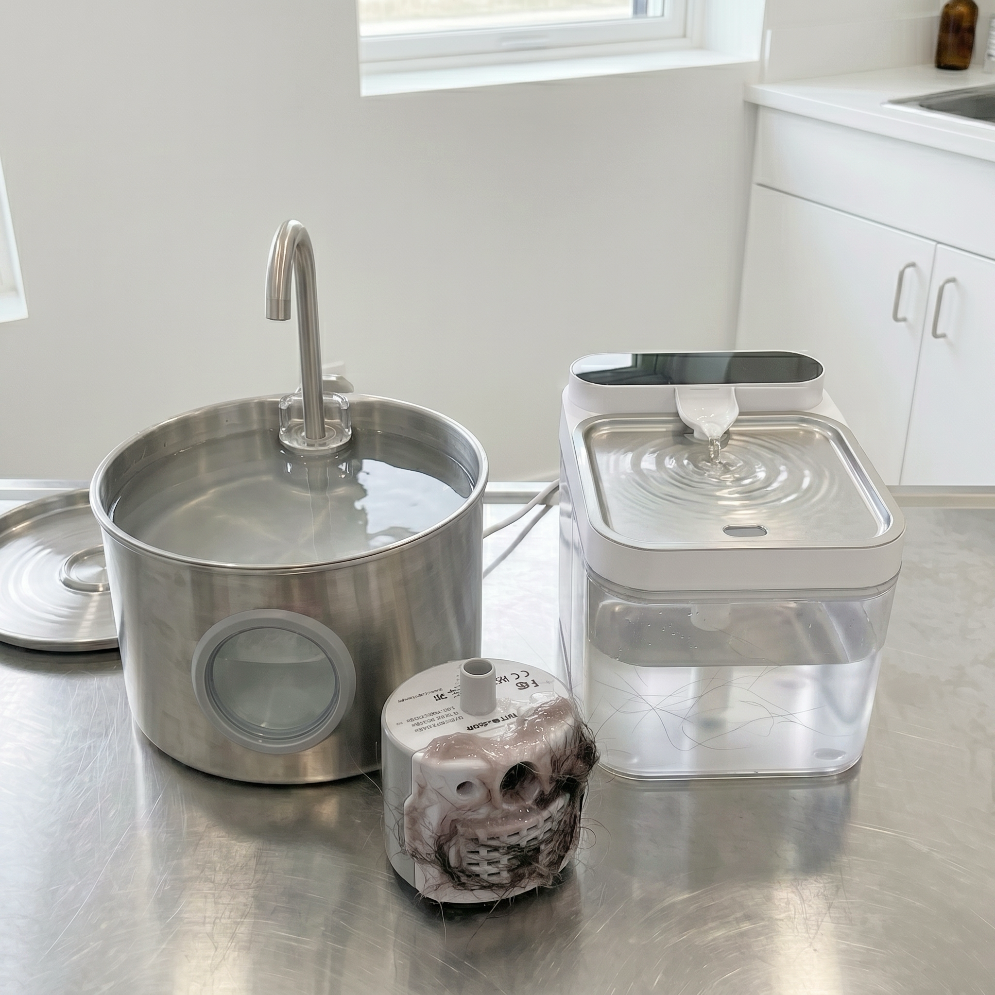 Day 3 — the brushed-stainless cylinder fountain on the left with its lid off and its pump pulled out and lying on the stainless clinic exam table in front of it, caked in pink-grey biofilm and tangled hair. The clear-square HydroPurr on the right, still pristine and running.