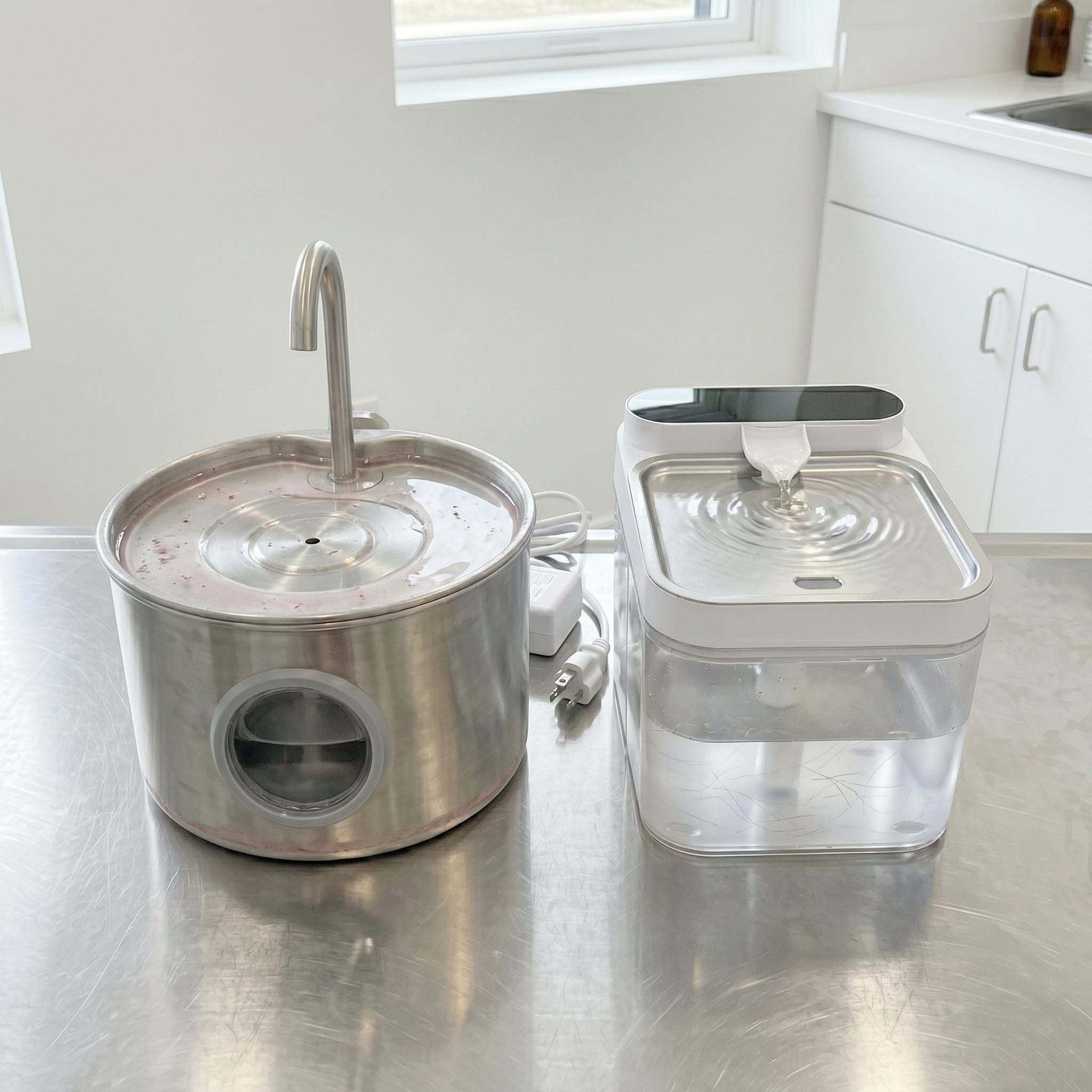 Day 7 — the brushed-stainless cylinder fountain on the left, its lid filmed with grey-pink slime and unplugged on the stainless clinic exam table. The clear-square HydroPurr on the right, still clean and running.
