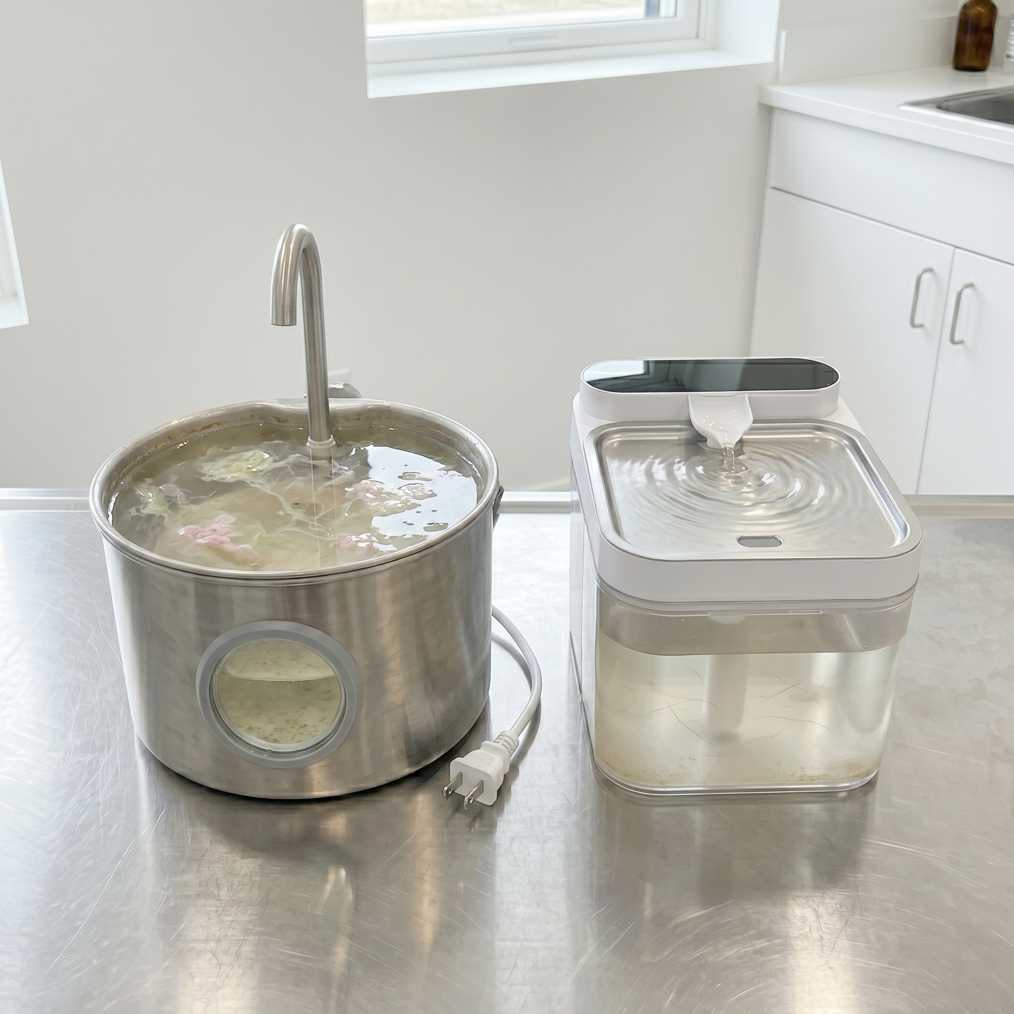 Day 14 — the brushed-stainless cylinder fountain on the left, unplugged and abandoned with its plug on the stainless clinic exam table, its water now murky and scummy with grey-pink and green biofilm. The clear-square HydroPurr on the right, still clean and running.