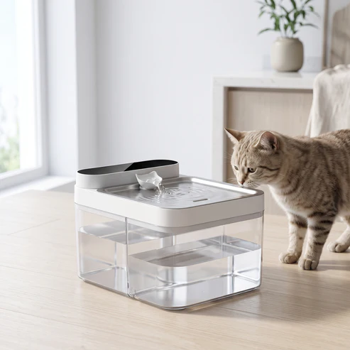 The clear HydroPurr dual-chamber cat fountain on a light wood floor in a bright modern home, water rippling in its stainless drinking tray; a grey tabby cat steps toward it and sniffs curiously. A sunlit window, a potted plant and a sideboard are softly out of focus behind.