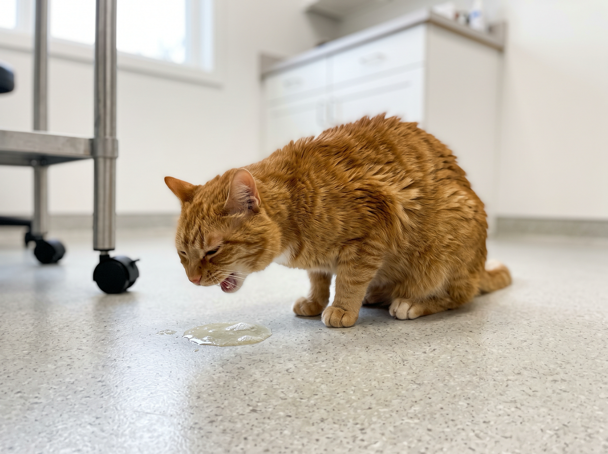 An orange tabby cat hunched low on a speckled clinic floor, head down and mouth open mid-retch, with a small puddle of pale-yellow bile on the floor in front of it. A stainless instrument cart and a bright white veterinary exam room are softly out of focus behind. Visibly unwell.