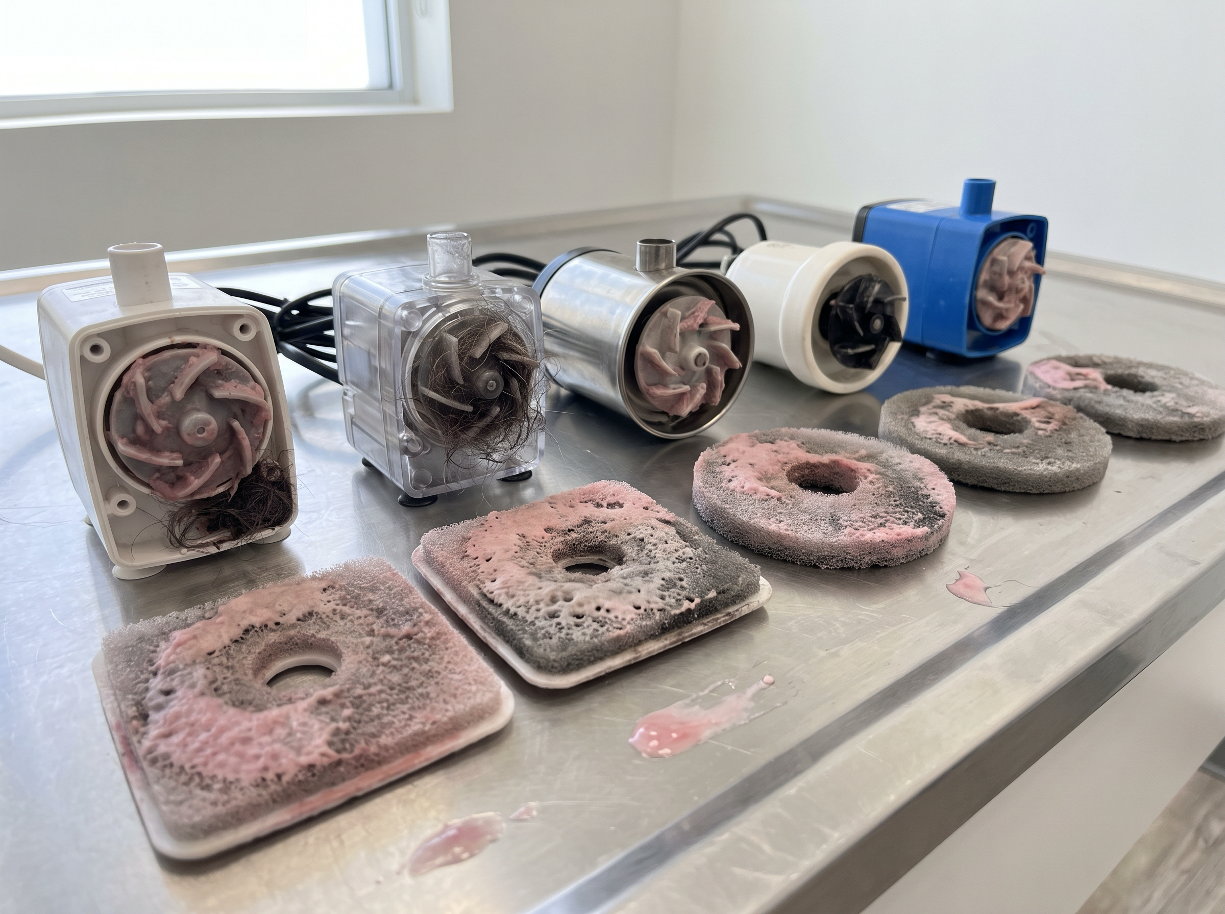 On a stainless steel clinic exam table, a lineup of five cat water fountain pumps from different fountains, each cracked open to show its impeller caked in pink-grey biofilm and tangled with dark cat hair. In front of them, several flat used fountain filter pads — square and round foam-and-carbon cartridges — stained and clogged with pink and grey slime. Small pink slime smears on the table.