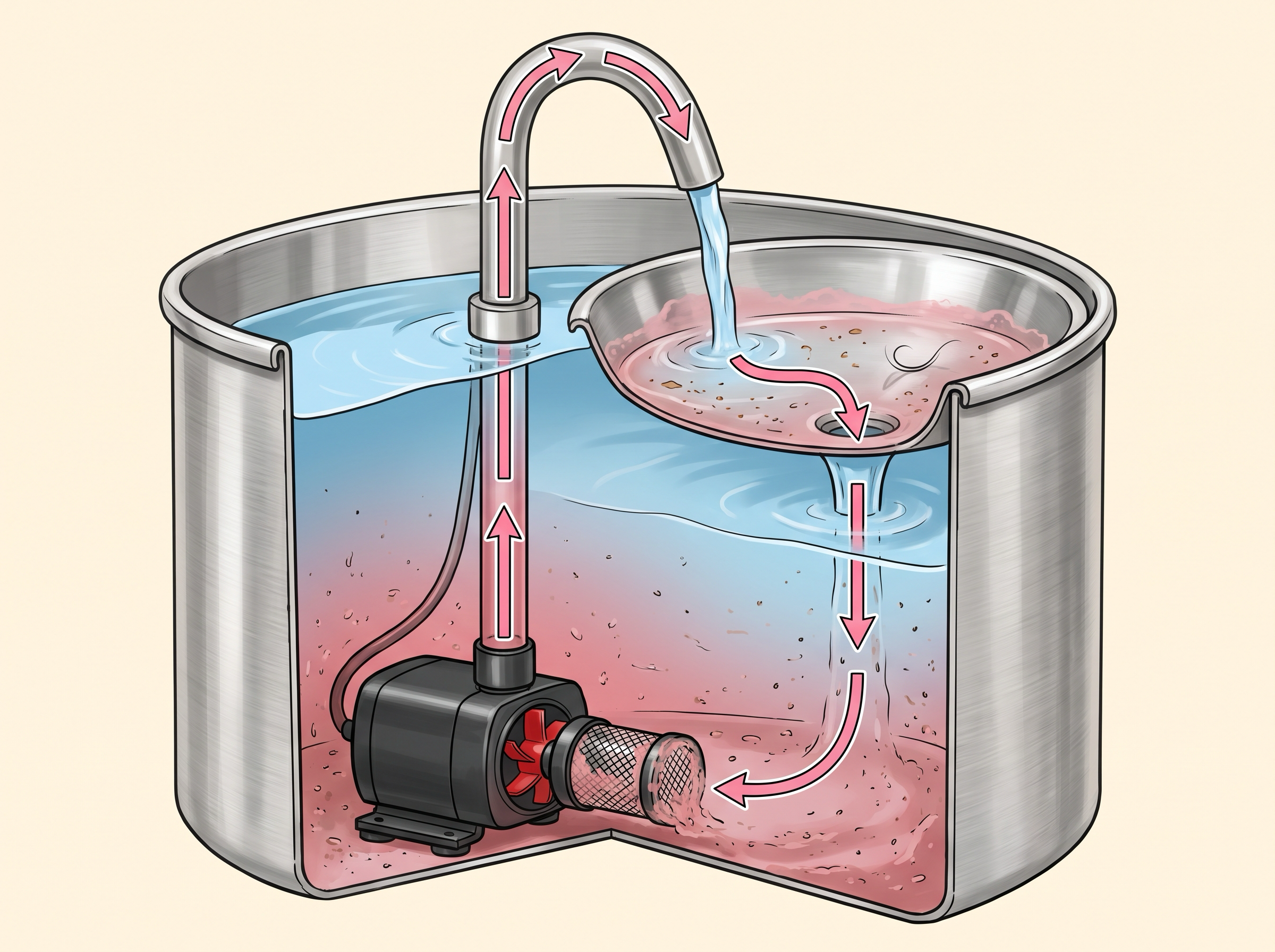 Cutaway illustration of a stainless-steel cat water fountain showing the inside: a drinking bowl on top and one open reservoir below. The water is clean blue at the top and murky pink-red at the bottom, where a black submersible pump with a red impeller and a mesh carbon filter sits. Pink arrows trace a closed loop — water pumped up the spout, into the bowl, draining back down into the reservoir, and sucked into the pump again. The same water, recirculated.