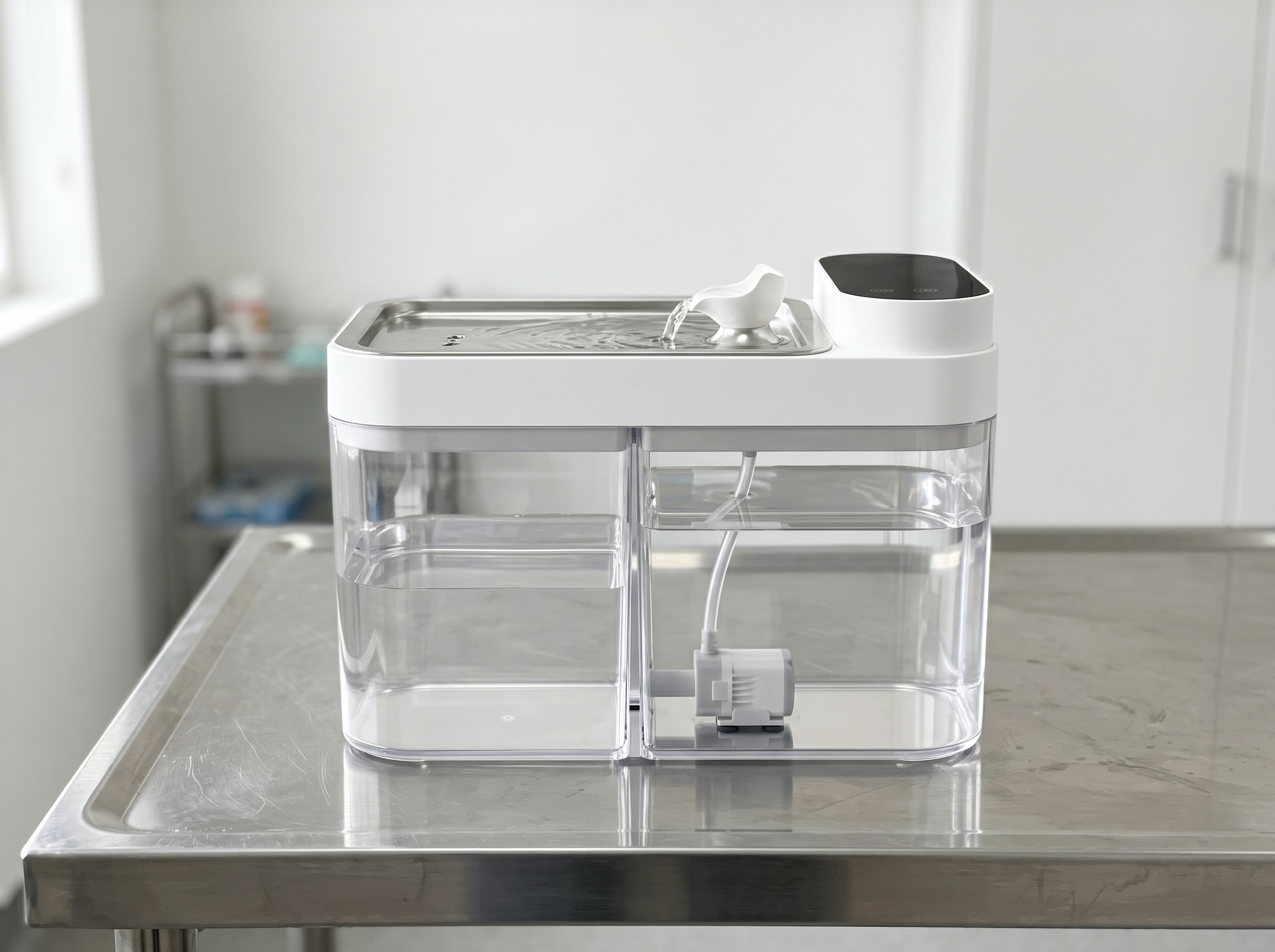The HydroPurr clear-square dual-chamber cat water fountain on a stainless steel clinic exam table, side profile: two clear water tanks side by side with the white pump visible inside, a white top housing with a black control panel, and a stainless steel drinking tray with water gently rippling. Clean and running, in a bright white veterinary clinic.