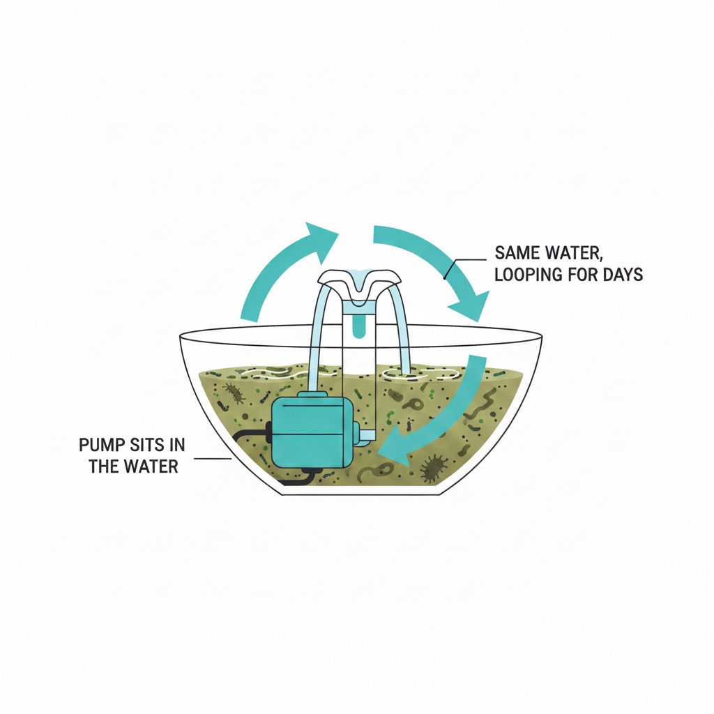 Diagram: a recirculating fountain pumps the same water in a loop