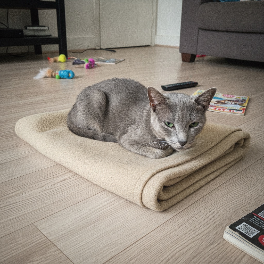 Luna, a grey Russian Blue, resting at home