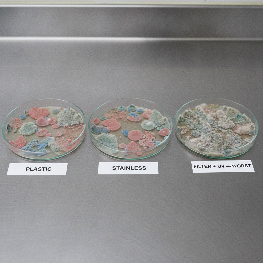 Three petri dishes cultured from Luna's fountains - plastic, stainless, and filter+UV (worst) - overgrown with bacteria and mold