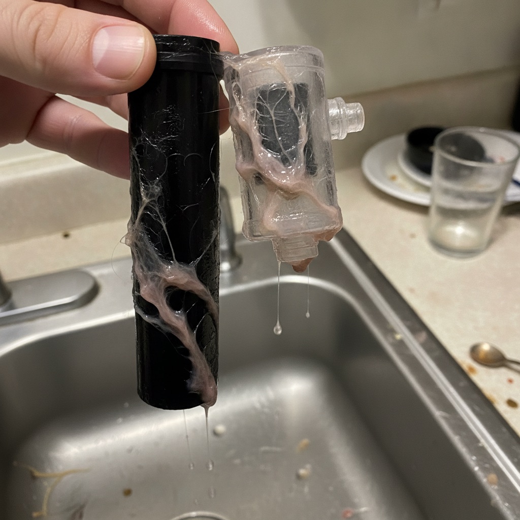 The filter and cracked-open pump from Luna's premium fountain, caked in biofilm