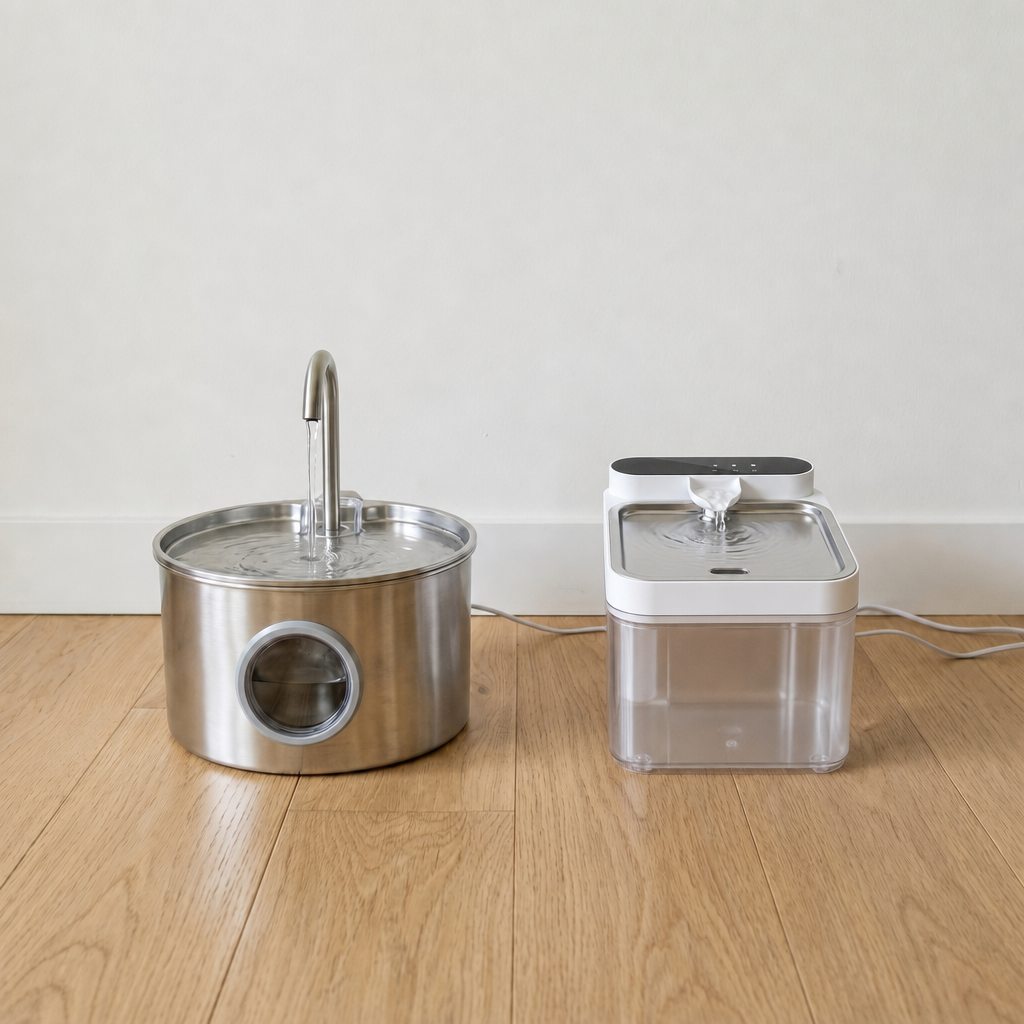 Day 1 — the brushed-stainless cylinder fountain on the left and the clear-square Clear Flow fountain on the right, side by side on a light hardwood floor against a plain off-white wall. Both freshly cleaned, both running, both pristine.