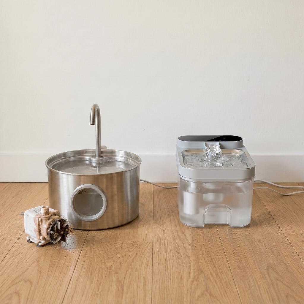 Day 3 — the brushed-stainless cylinder fountain on the left with its submerged pump pulled out and lying on the hardwood floor in front of it, caked in pink-grey biofilm and tangled hair. The clear-square Clear Flow on the right, still pristine and running.