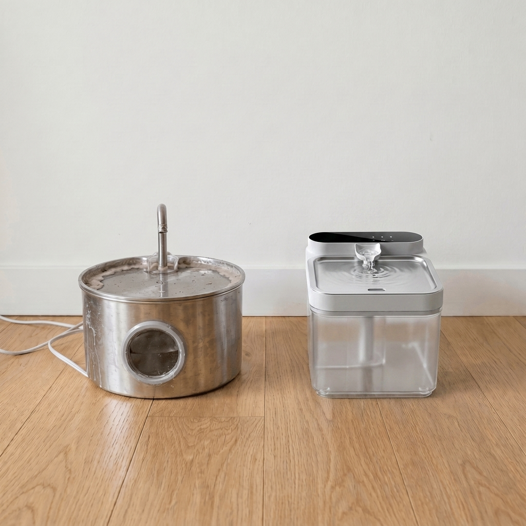 Day 7 — the brushed-stainless cylinder fountain on the left now visibly slimy, its rim and water clouded with grey-pink biofilm. The clear-square Clear Flow on the right, still clear and running. Hardwood floor, plain wall.