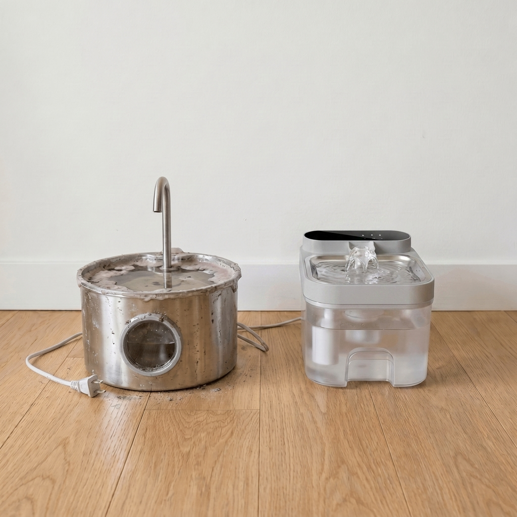 Day 14 — the brushed-stainless cylinder fountain on the left, unplugged and abandoned, its power plug lying limp on the hardwood floor, the rim and water crusted with pink-grey slime and scale. The clear-square Clear Flow on the right, still plugged in, still running, still pristine.
