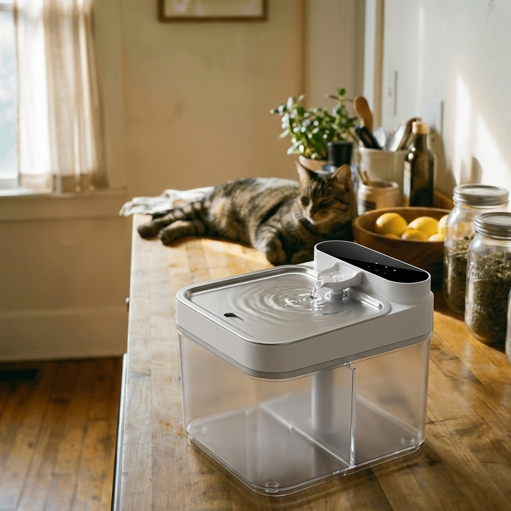 The clear-square Clear Flow dual-chamber fountain on a butcher-block kitchen counter in the foreground, sharply lit; behind it, softly out of focus, a brown tabby cat lying contentedly in a warm sunlit kitchen with glass jars, a plant and a window.