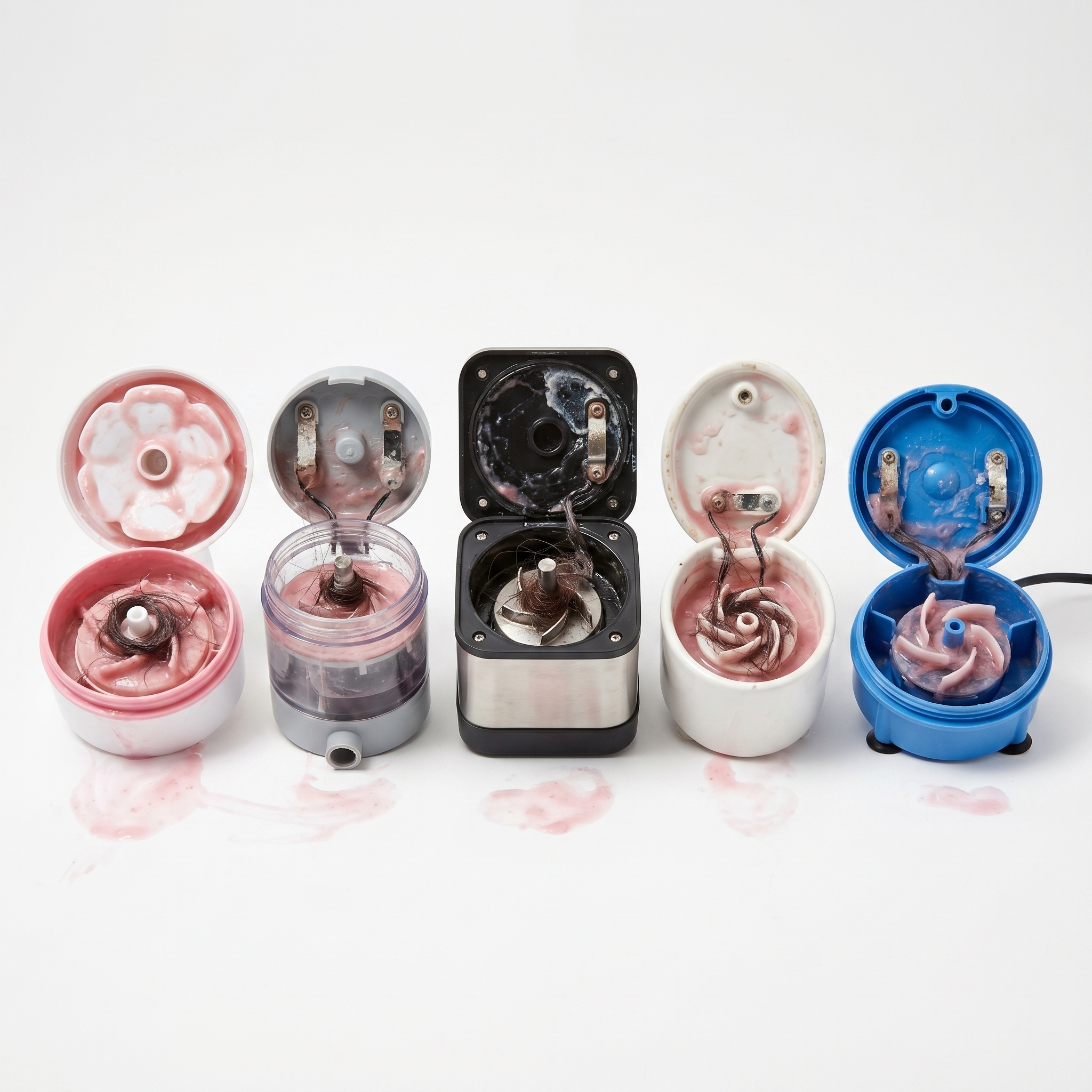 Five opened submersible plastic cat-fountain pumps lined up on a white seamless backdrop, each one coated in pink Serratia biofilm and tangled dark hair, pink slime smeared around them. The look of a week of recycled water.