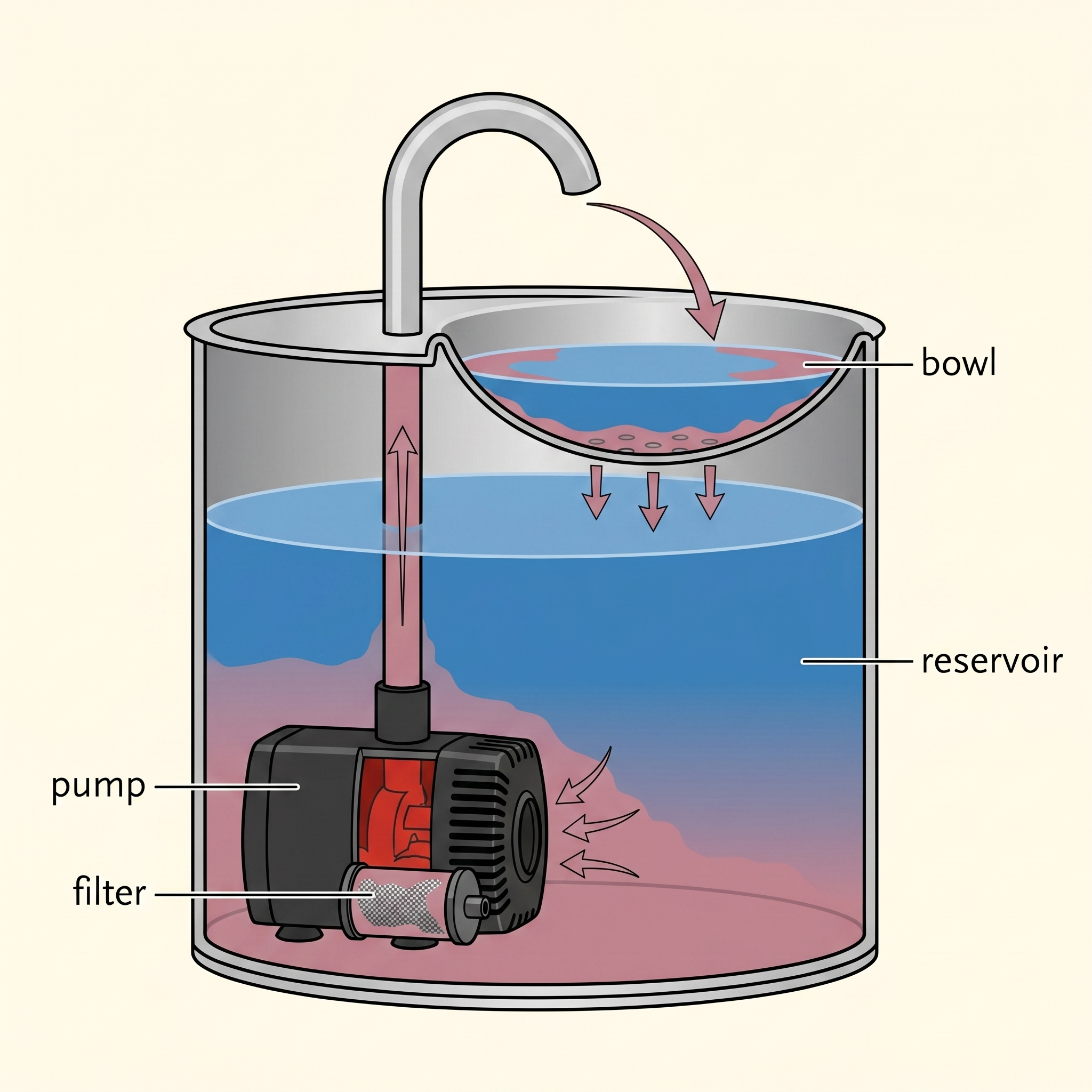 Cutaway diagram of a generic submersible-pump cat fountain — bowl on top, one open reservoir below, a plastic pump submerged at the bottom with a small carbon filter on its intake. Pink-grey biofilm concentrates around the pump and bleeds up into the reservoir water. Bold flow arrows form a closed loop: pump up to spout, out into the bowl, dripping back down, and around again.