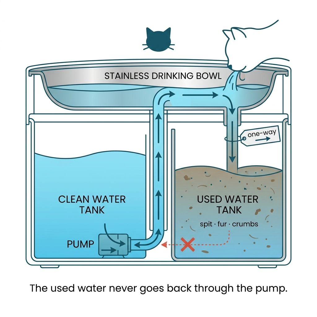 Brand-agnostic cutaway diagram of a dual-chamber cat fountain: a sealed clean-water tank on the left with the pump submerged inside it, a stainless drinking bowl on top, and a separate sealed used-water tank on the right holding spit, fur and crumbs. One-way arrows show clean water rising through the pump, out into the bowl, then draining straight down into the used-water tank — a red X marks that nothing ever flows back to the pump. Caption: the used water never goes back through the pump.