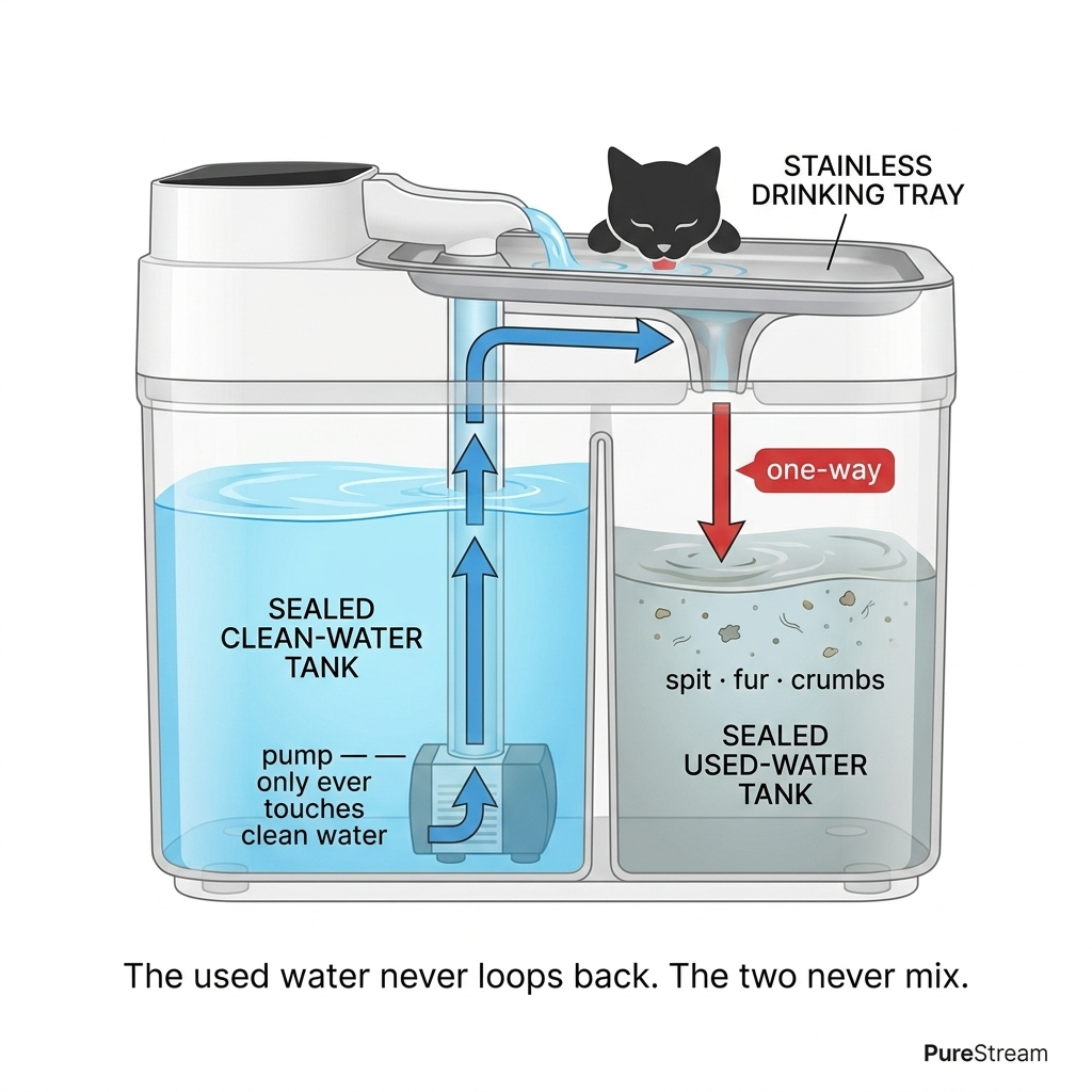 Clear Flow-branded cutaway diagram: a sealed clean-water tank on the left with the pump submerged inside it (the pump only ever touches clean water), a stainless drinking tray on top where the cat drinks, and a separate sealed used-water tank on the right holding spit, fur and crumbs. Blue arrows carry clean water up through the pump and out to the tray; a red one-way arrow drains it down into the used-water tank and never back. Caption: the used water never loops back — the two never mix.