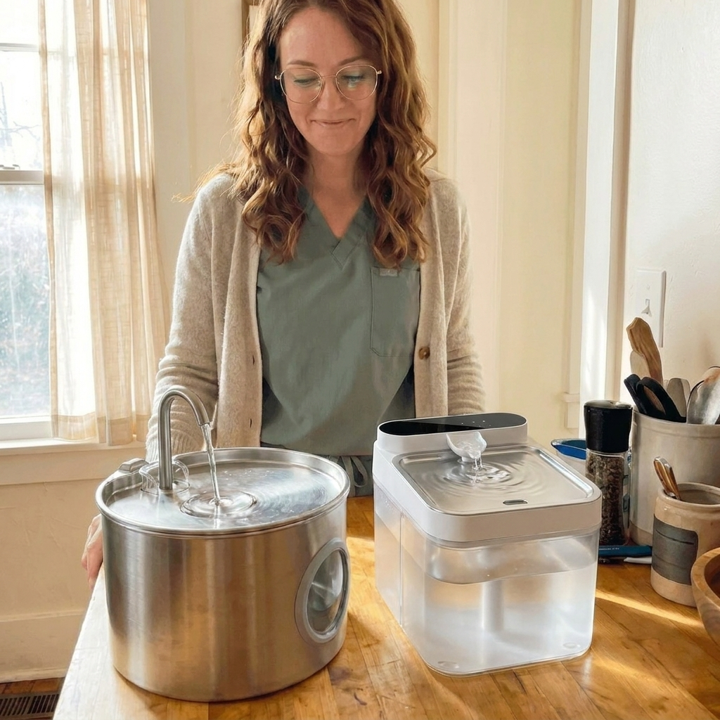 Dr. Megan Reilly in green scrubs and a cream cardigan standing at a butcher-block kitchen counter by a sunlit window, looking down at two cat fountains side by side — a brushed-stainless cylinder fountain with a gooseneck spout on the left, and the clear-square Clear Flow dual-chamber fountain with its stainless drinking tray on the right. Both clean and running.
